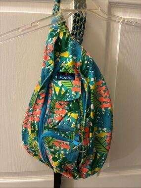 Kavu Tropical Floral Rope Sling Bag — Teal, Coral & Green